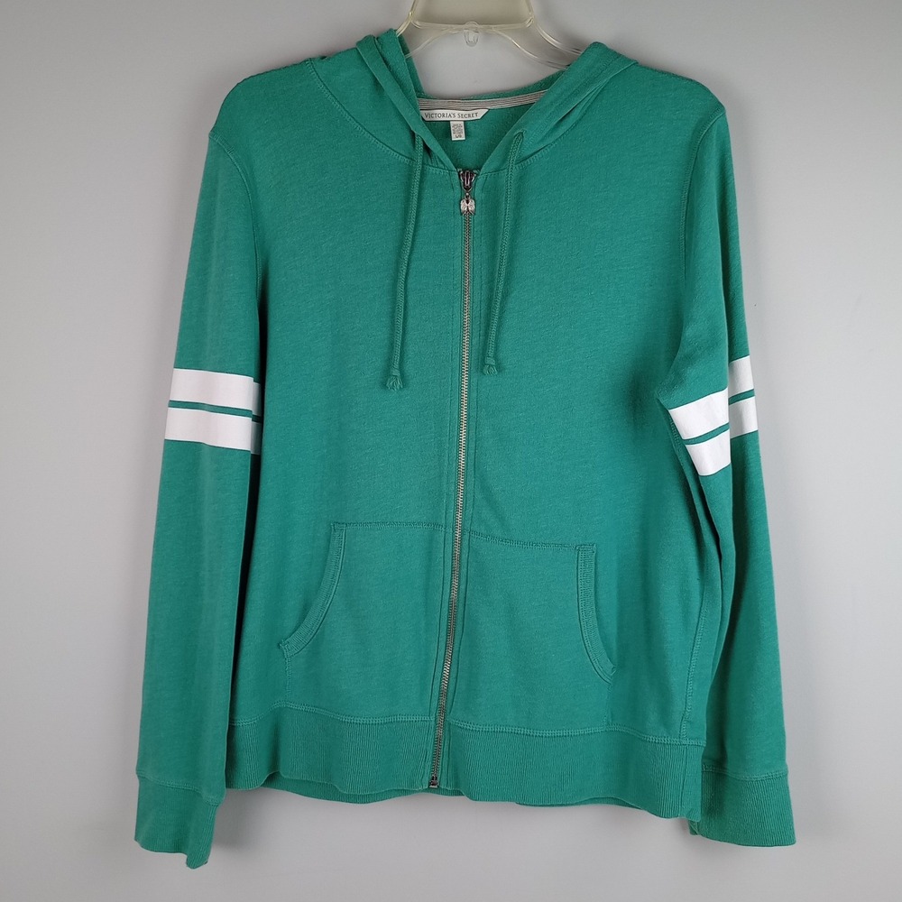 Victoria Secret Womens L Green Angel Graphic Stripe Full Zip Hoodie Sweatshirt